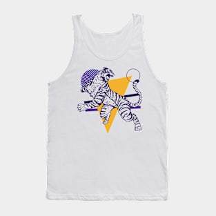 Retro Purple & Gold Tiger on the Attack // Vintage Geometric Shapes Background Tank Top